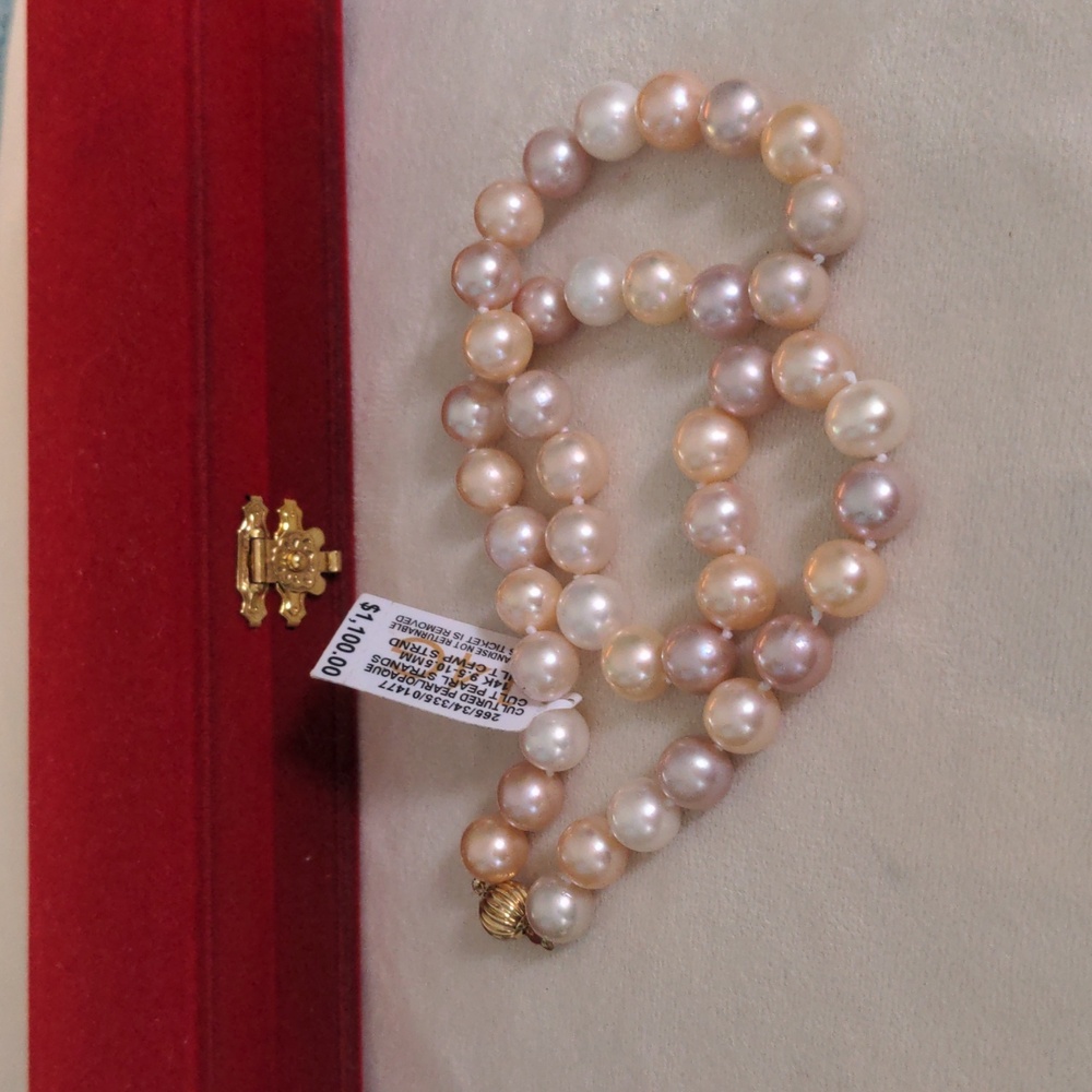 NWT Genuine Pearl Necklace , 14k Gold Clasp, Cream, Pink,  Large 9.5-10.5mm, - Picture 6 of 8